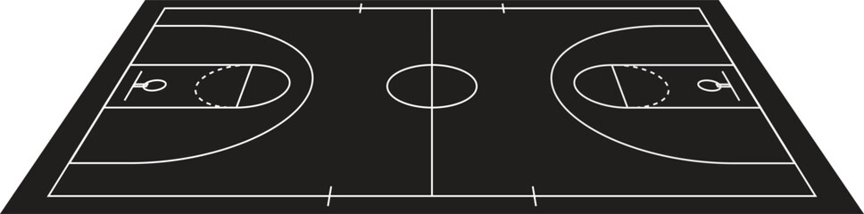 A minimalist vector illustration of a basketball court with a black background and white lines. The tilted perspective creates depth, perfect for graphic designs, sports posters, or modern backdrops.