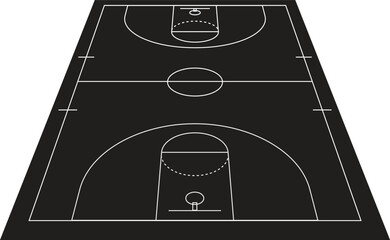 A minimalist vector illustration of a basketball court with a black background and white lines. The tilted perspective creates depth, perfect for graphic designs, sports posters, or modern backdrops.