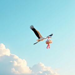 Obraz premium Stork Flying in a Clear Blue Sky Carrying a Pink Ribboned Bundle