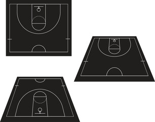 A minimalist vector illustration of a basketball court with a black background and white lines. The tilted perspective creates depth, perfect for graphic designs, sports posters, or modern backdrops.