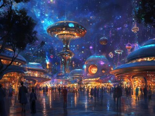 Futuristic city plaza, night scene, space tourism, vibrant crowd