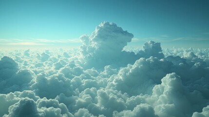 A mesmerizing aerial view showcases a vast expanse of fluffy white clouds beneath a serene, light blue sky offering a tranquil and ethereal vista