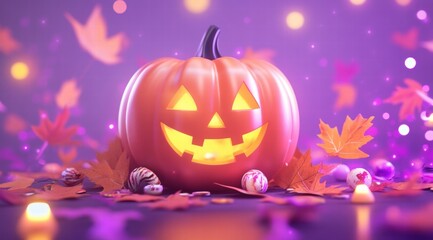 3D rendering of a cute, smiling Halloween pumpkin with candy and leaves on a purple background