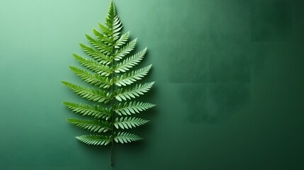 Delicate fern frond presents detailed leaves against minimal green background, featuring natural organic composition with soft shadows in clean modern botanical photography style.