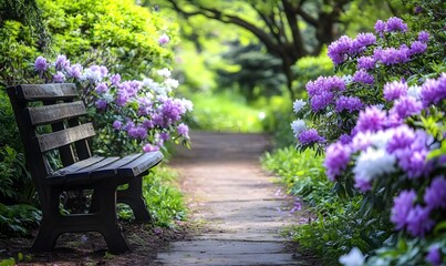 Wooden park bench surrounded by vibrant purple and white flowers along a paved path in a lush green garden. Peaceful spring morning setting, Generative Ai