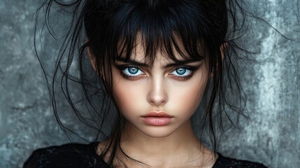 Fototapeta premium Expressive portrait of a young woman with captivating blue eyes and tousled hair in a textured background