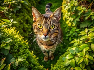 Aerial View of Tabby Cat Exploring Lush Green Garden