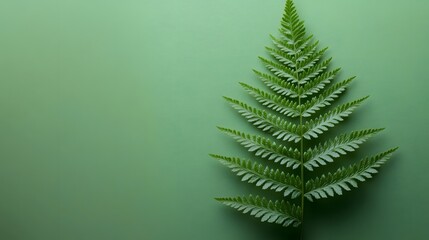Delicate fern frond presents detailed leaves against minimal green background, featuring natural organic composition with soft shadows in clean modern botanical photography style.