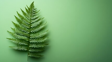 Delicate fern frond presents detailed leaves against minimal green background, featuring natural organic composition with soft shadows in clean modern botanical photography style.