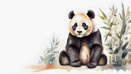 Naklejka premium A serene watercolor painting of a panda bear sitting amidst lush bamboo foliage.