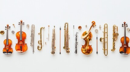 A Diverse Collection of Musical Instruments Displayed Elegantly in a Horizontal Line, Showcasing...