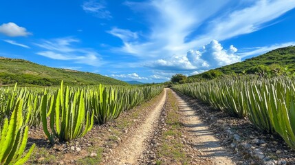 Naklejka premium A Sunny Path Through a Cactus Farm