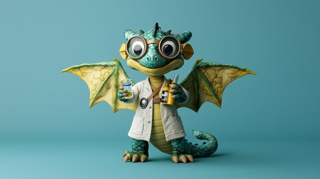 Whimsical dragon character in a lab coat holding potion bottles in a colorful setting
