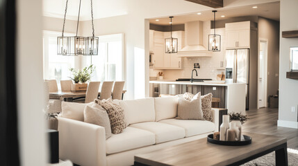 This photo showcases a beautifully designed modern minimalist home interior, featuring clean lines, sleek furniture, and a neutral color palette. Generative AI
