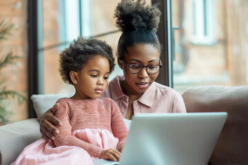 Fototapeta premium Mother and daughter sitting on a couch, focusing on a laptop screen together, creating a warm and educational moment