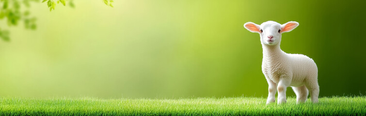 Obraz premium Adorable Lamb in Spring Meadow - A cute lamb stands in a lush green field, symbolizing purity, spring, new beginnings, innocence, and hope.