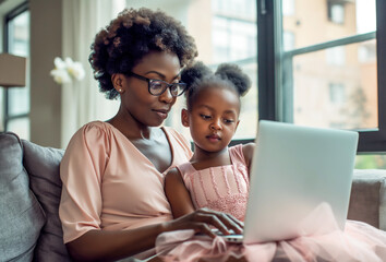 Mother and daughter sitting on a couch, using a laptop together in a warm, natural light setting, emphasizing education and bonding