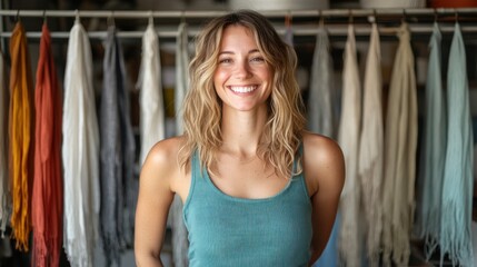 Fototapeta premium Happy woman smiling in her textile workshop.