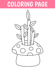 Cozy coloring page, cute print with line plant in pot. Printable worksheet with solution for school and preschool. Vector cartoon illustration.
