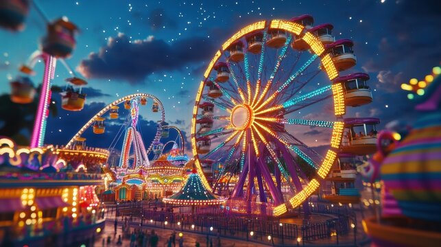 Illuminated Ferris wheel at night amusement park