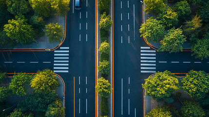 Overhead view of a tree-lined intersecting road with clear markings and pedestrian crossings