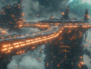 Futuristic space city highway, planet backdrop, glowing lights, sci-fi illustration