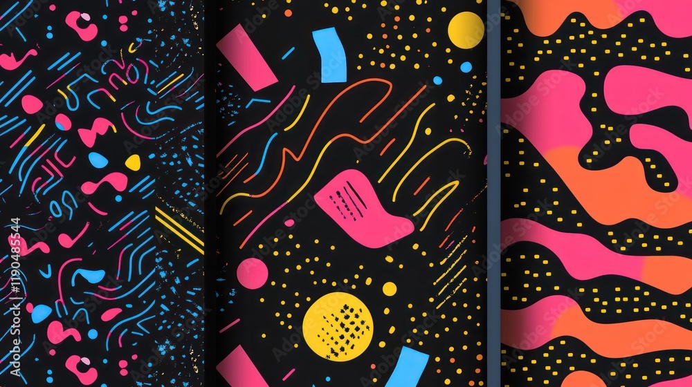 Wall mural abstract patterns with vibrant shapes and colors on a dark background creating a retro design