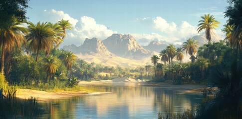 Obraz premium Oasis river, palm trees, desert mountains, travel poster