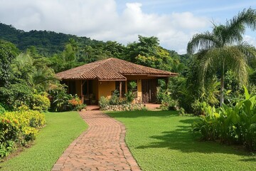 A charming tropical home for sale, nestled amidst lush greenery with a brick pathway. 