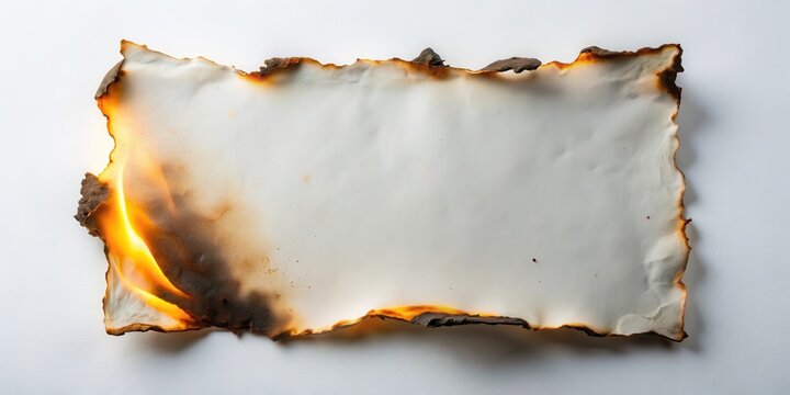 A partially burned sheet of paper with charred edges and a glowing ember on a white background
