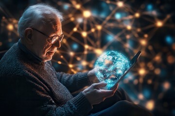 An elderly man immersed in digital technology and the global network.