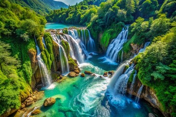 Aerial View of Turquoise Waterfall Curtain, Lush Green Valley, Drone Photography