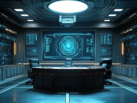 Futuristic Control Room Meeting; Data Screens; Space Station; Sci-Fi Interior Design - Powered by Adobe