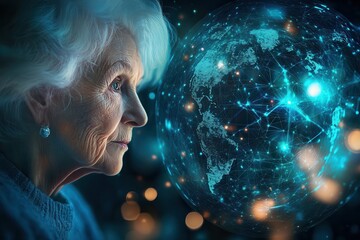 An elderly woman immersed in digital technology and the global network.