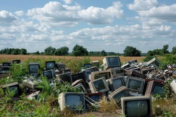 Fototapeta premium Electronic waste pollution: discarded devices cover rural landscape with environmental impact.
