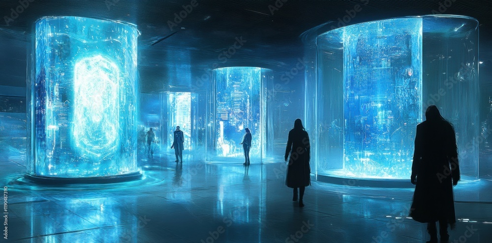 Aufkleber futuristic hall figures observe glowing data-filled cylinders