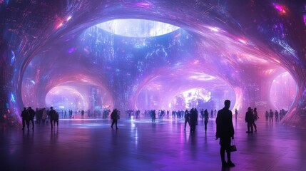 Cosmic Hall Visitors explore vibrant nebula-lit interior