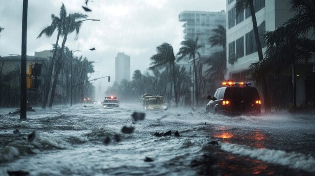 Flooded city street during hurricane with emergency vehicles.