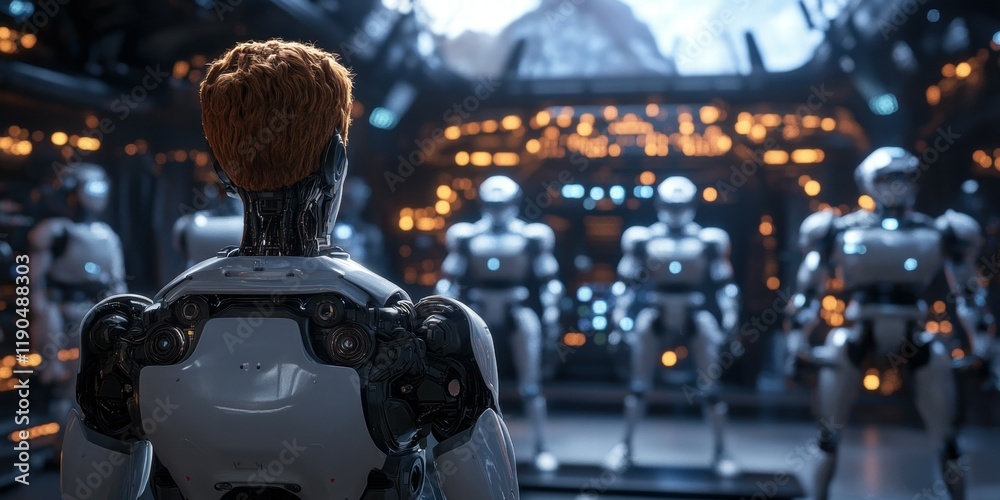 Poster Futuristic lab redhead android surveys robots