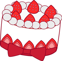 Whole white vanilla cake of Red Strawberry with fluffy cream and red ribbon