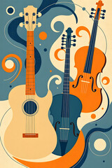 Abstract illustration of musical instruments including guitars and violins with swirling patterns on a blue background.
