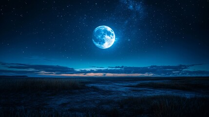A vast, dark, serene landscape under a bright full moon with numerous stars scattered across the night sky