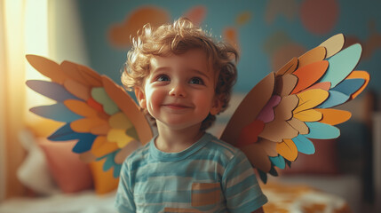 Niño feliz soñando con sus alas de juguete
