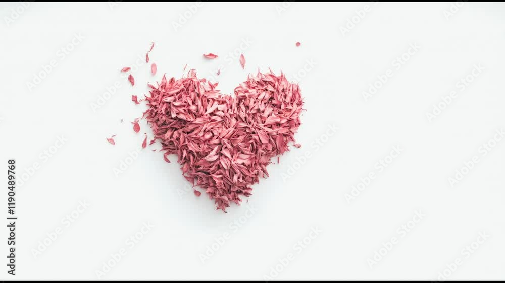 Poster delicate pink petals arranged in a heart shape on a pristine white background, creating a romantic a