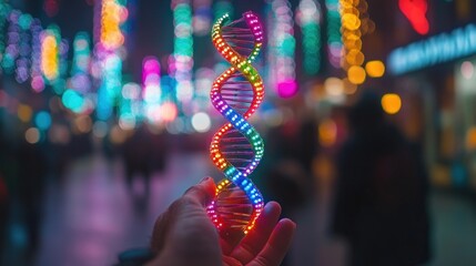 Illuminated DNA helix model held in hand at night.