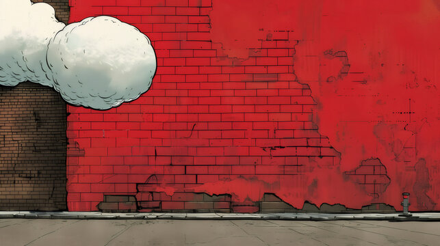Comic book style cityscape with empty speech bubble over red brick wall