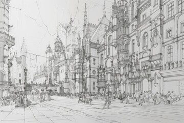 A detailed pen sketch of a bustling city square with grand ornate buildings, showcasing a lively scene, Sketch a bustling city square with grand, ornate buildings towering overhead