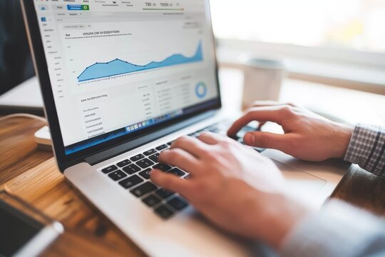 A person works on a laptop, analyzing website data, likely implementing SEO techniques to improve online visibility, Implementing SEO techniques to improve online visibility