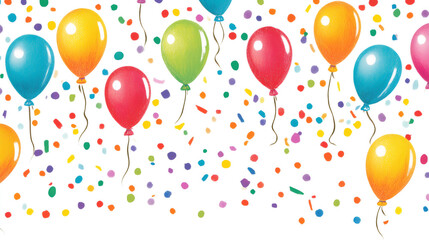 Colorful balloons floating with confetti, celebrating a joyful event