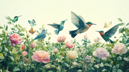 Fototapeta premium Hummingbirds and Butterflies Flying over Blooming Roses in Lush Garden